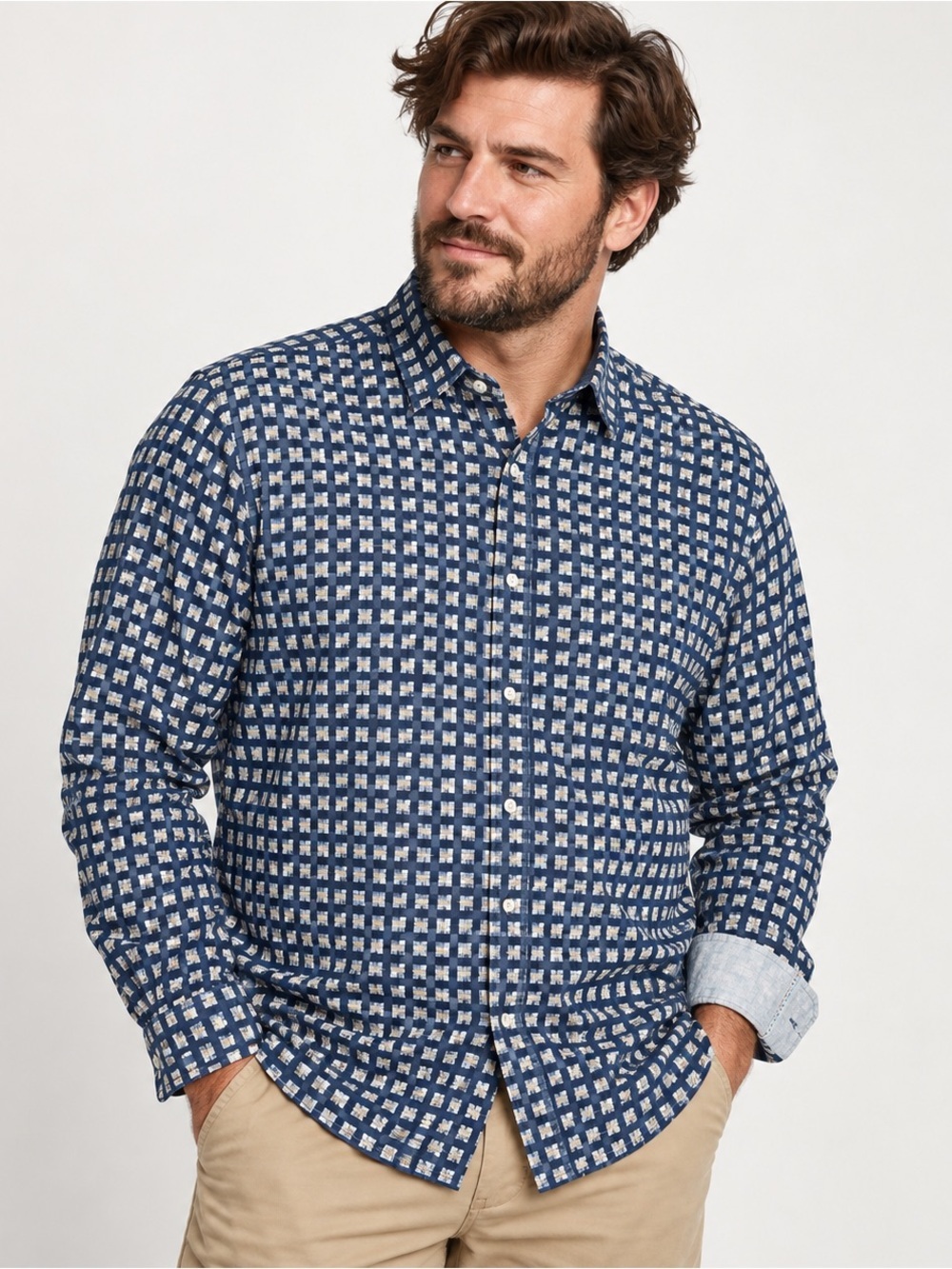 Desigual Button Down Shirt Mens XL AOP Nude Man Woman Print Subtle Blue